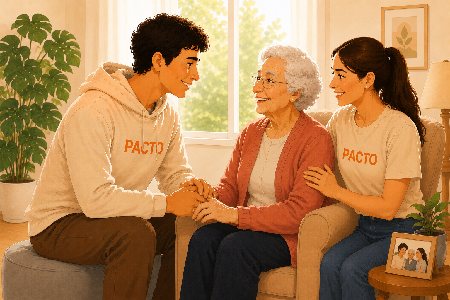 Voluntário PACTO a conversar com uma pessoa idosa num ambiente acolhedor